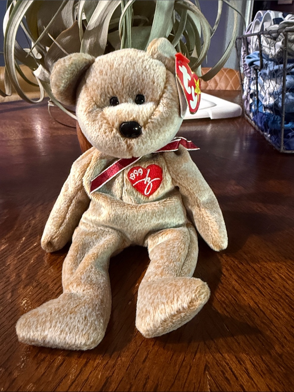 Ty Classic Plush Bear in Light Brown with Red Heart
